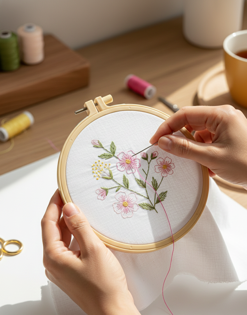 6-inch embroidery hoop holding fabric during embroidery