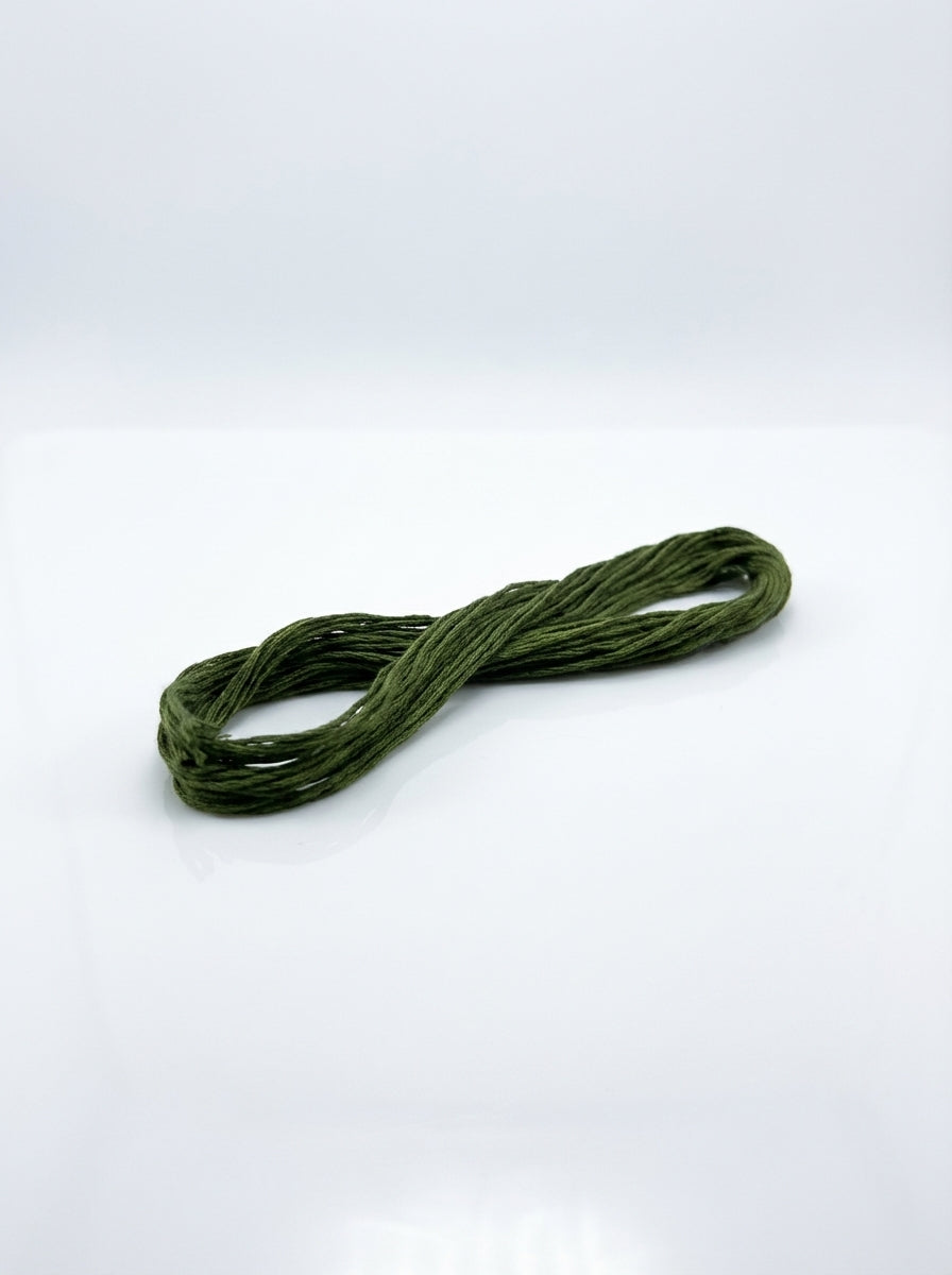 Skein of avocado green cotton embroidery floss, showing its matte texture and looped shape on a white background.