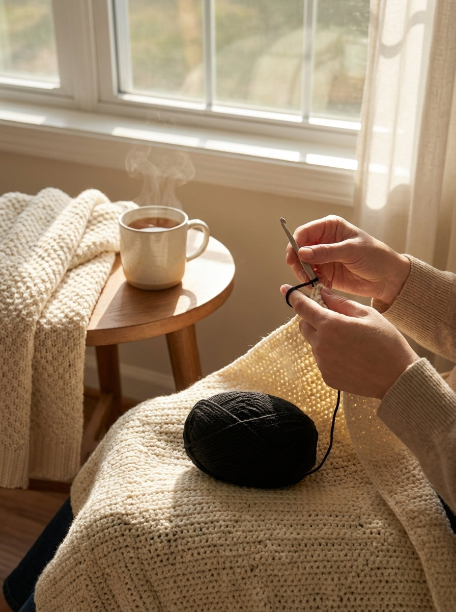 Close-up of a crochet project using black milk cotton yarn; showcasing stitch definition and soft texture.