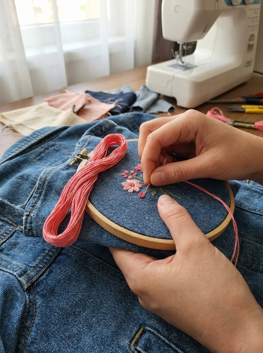 Close-up of light pink embroidery floss being used in a cross-stitch project, adding delicate details to the design.