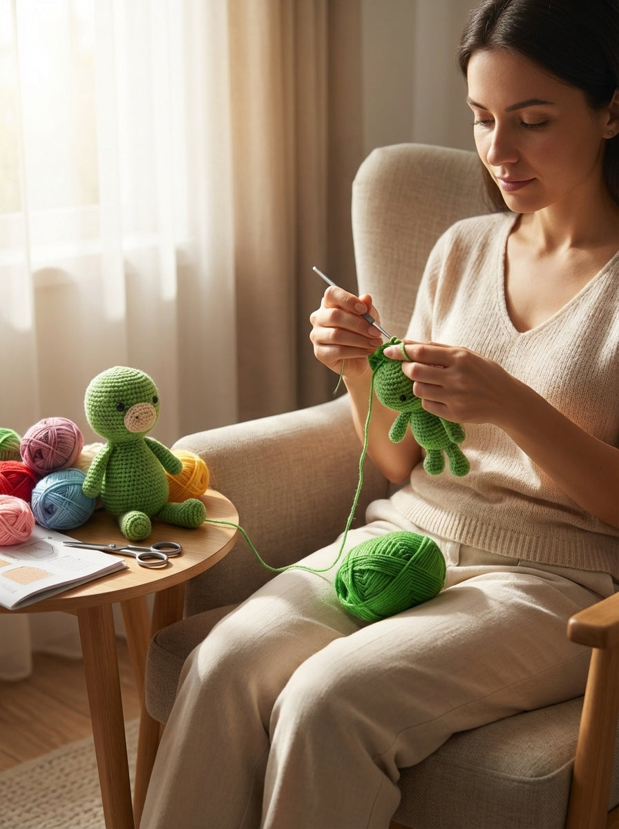 Close-up of a crochet project using apple green cotton yarn, highlighting the stitch detail and finished texture.