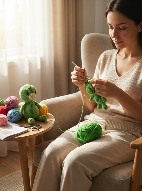 Close-up of a crochet project using apple green cotton yarn, highlighting the stitch detail and finished texture.