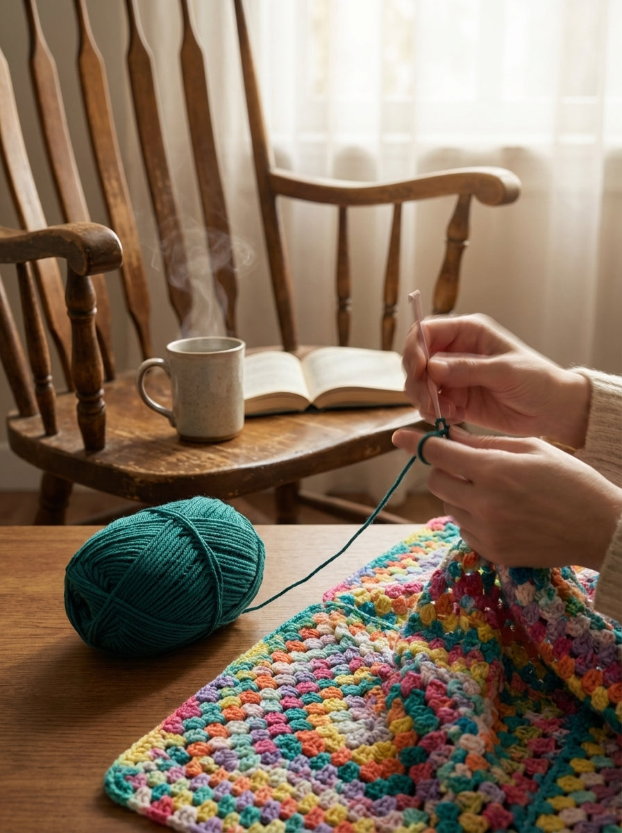 Close-up of a crochet project using peacock green cotton yarn, demonstrating its use in creating a textured pattern.