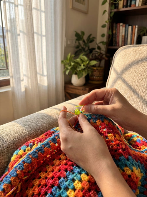 Using an apple green crochet latch clip hook to mark a stitch in a crochet project.