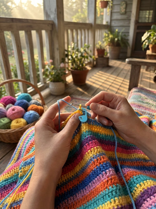 Using a blue crochet latch clip hook to mark stitches on a colorful crochet project, close up.