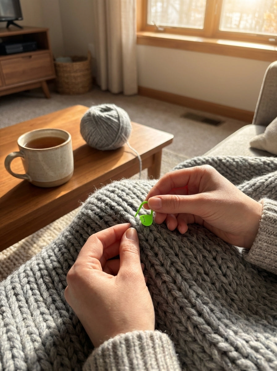 Green crochet latch clip hook marking a stitch on a crochet project; easily track progress.
