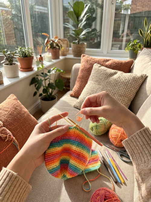 Using a light pink crochet latch clip hook to secure a stitch on a crochet project, preventing unraveling.