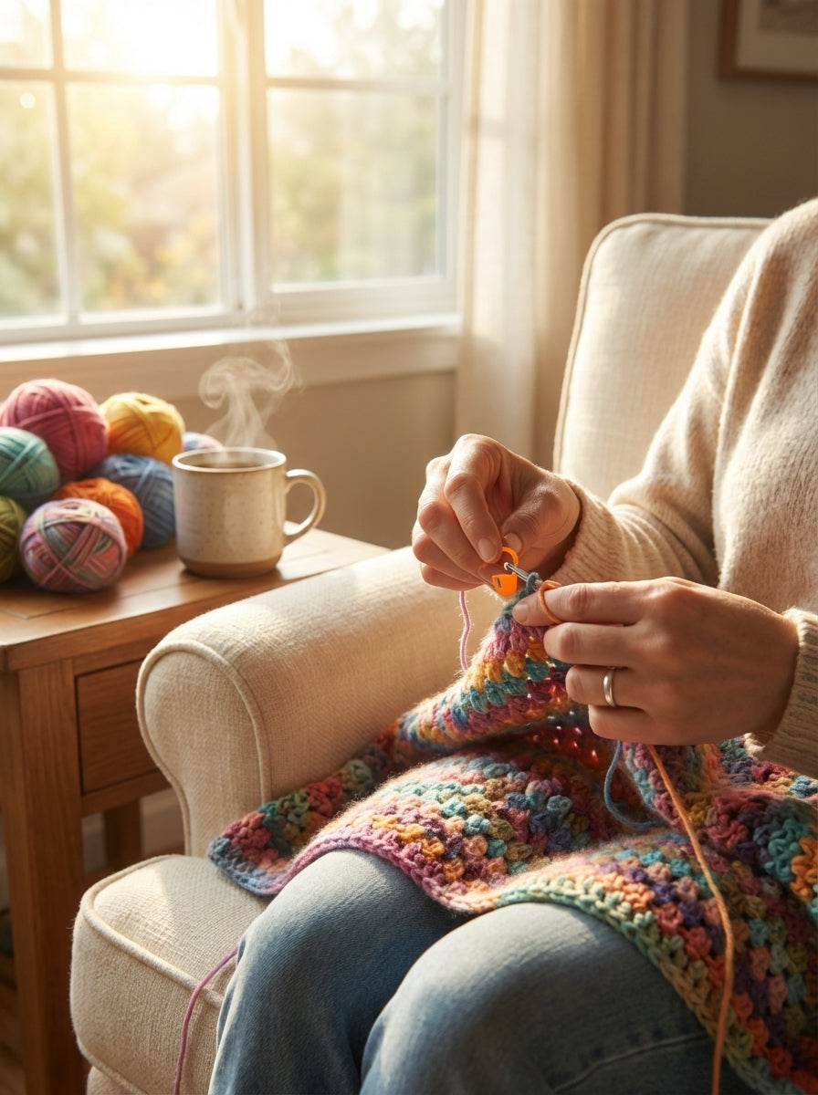Hand holding orange crochet latch clip hook, marking a stitch in a vibrant yarn project.