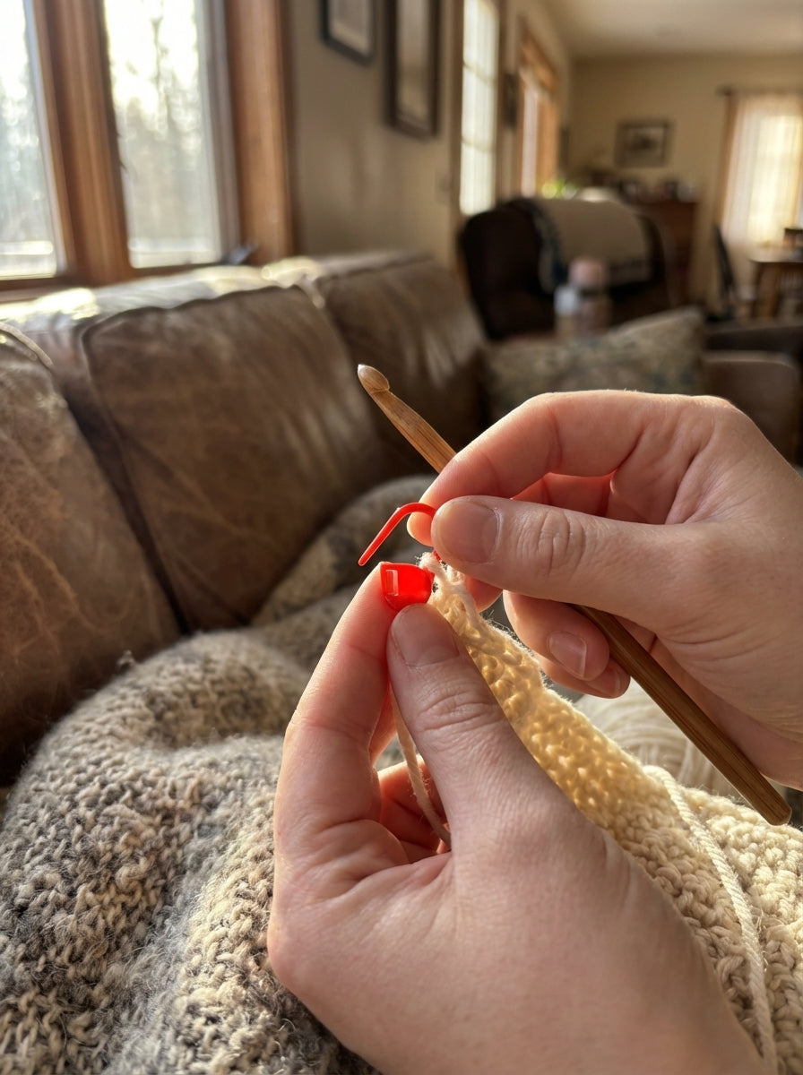 Close up of a red latch clip hook marking stitches in a crochet project. Yarn is visible and in-focus in the image.