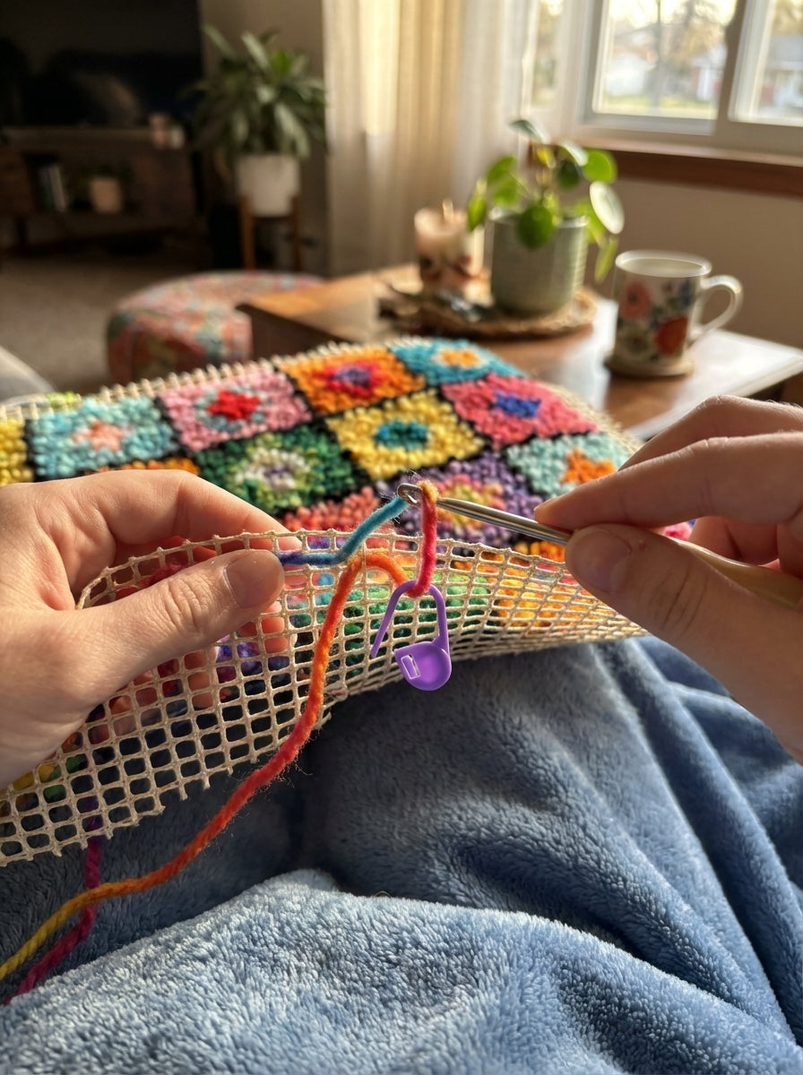 Close up of a purple latch hook being used to pull yarn through canvas to create a textured rug.