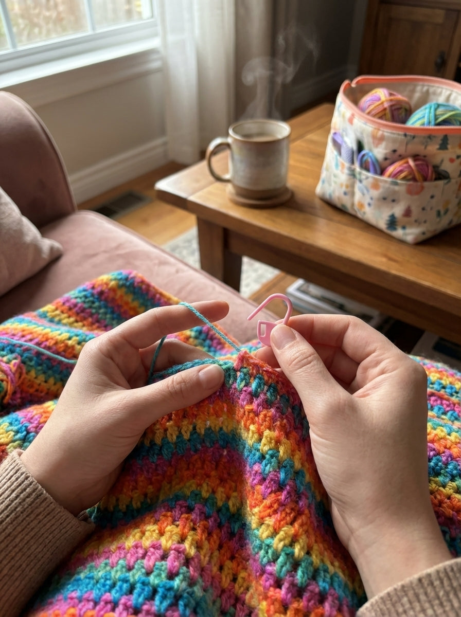 A pink crochet stitch marker clipped onto a crochet project to mark a stitch for easy reference.