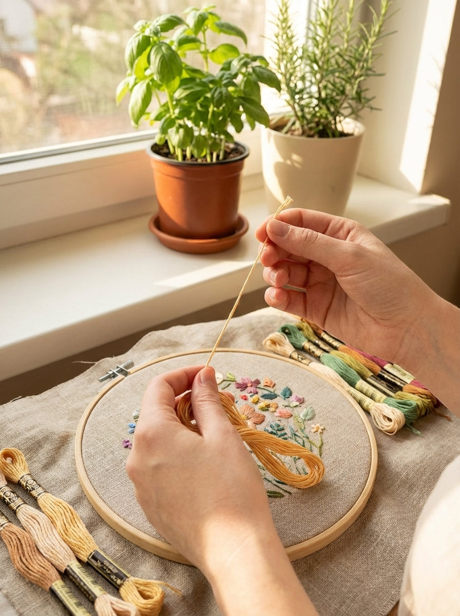 Close-up of light gold cotton floss being used for embroidery, adding a delicate shimmer to the design.
