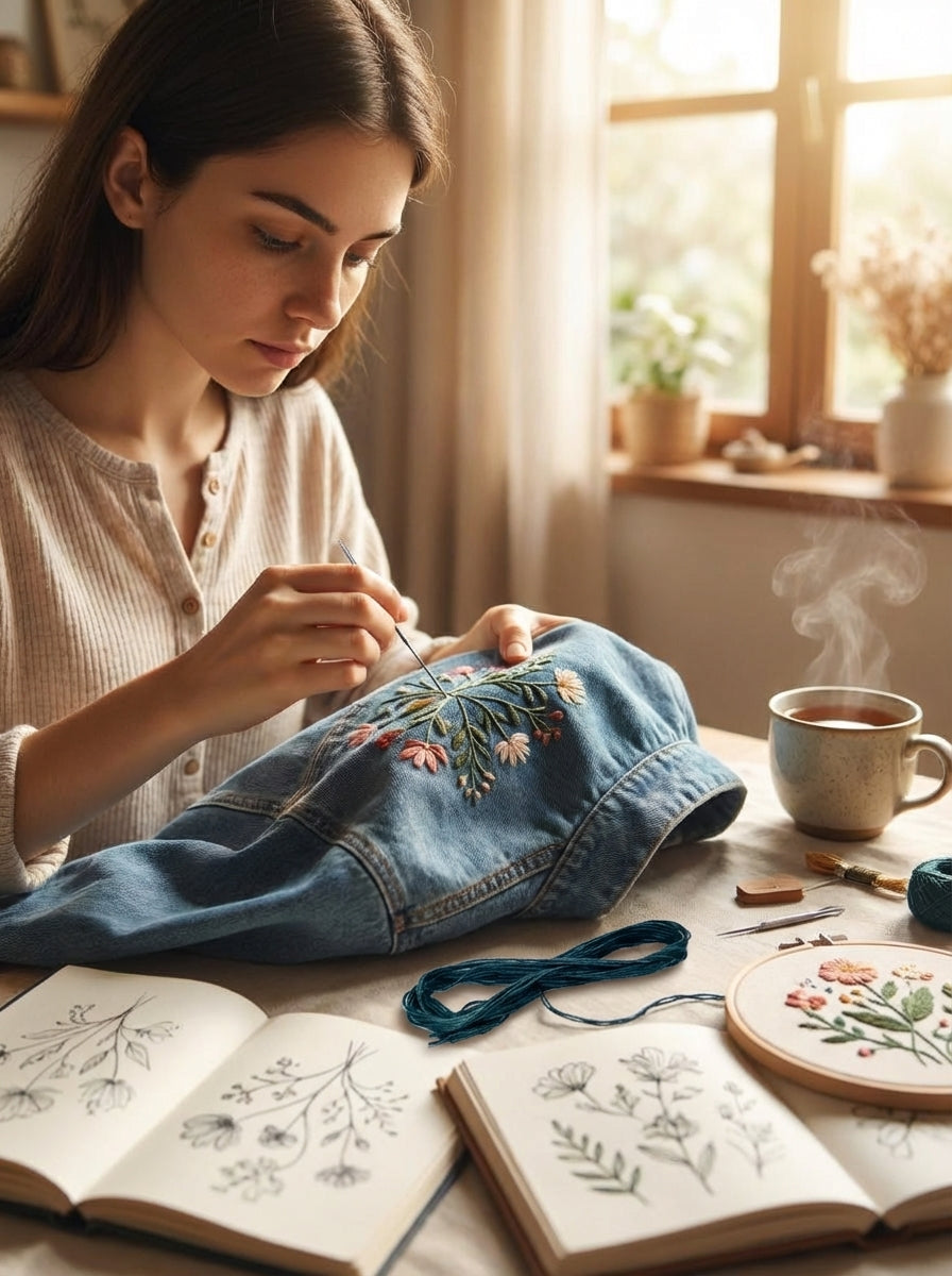 Dark blue green embroidery floss being used in a cross-stitch project, highlighting its color and texture.