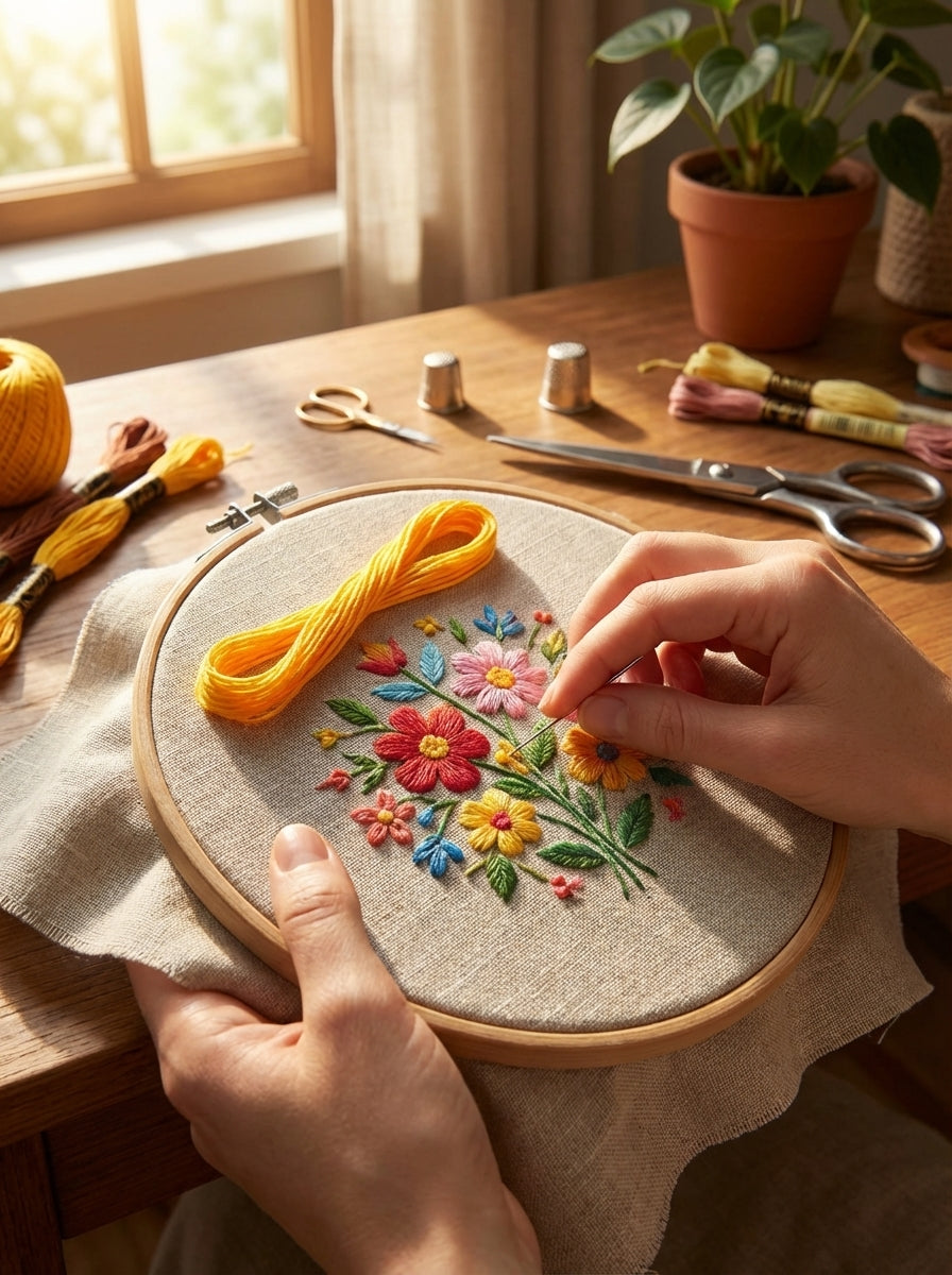 Close-up of a cross-stitch project using dark lemon yellow embroidery floss on white fabric