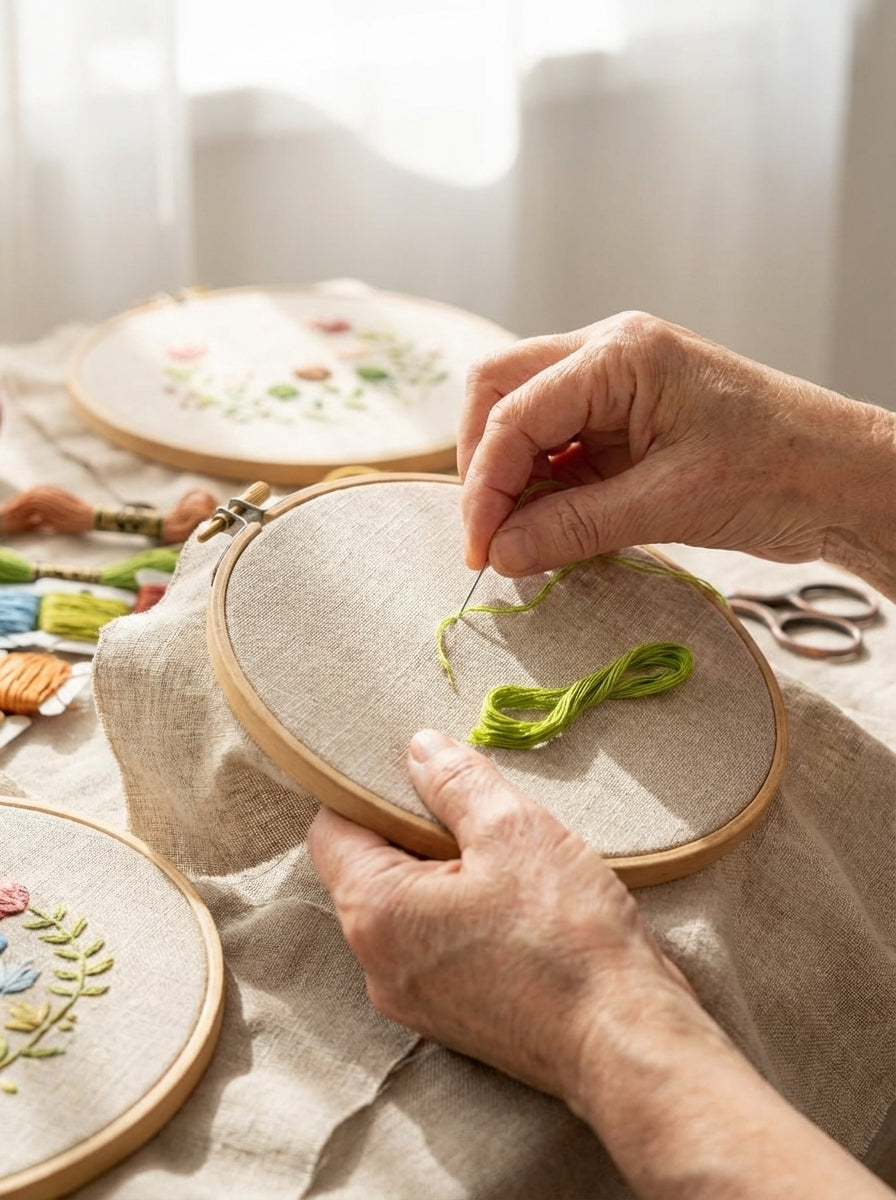 Close-up of chartreuse cotton embroidery floss being used in a colorful cross-stitch project.