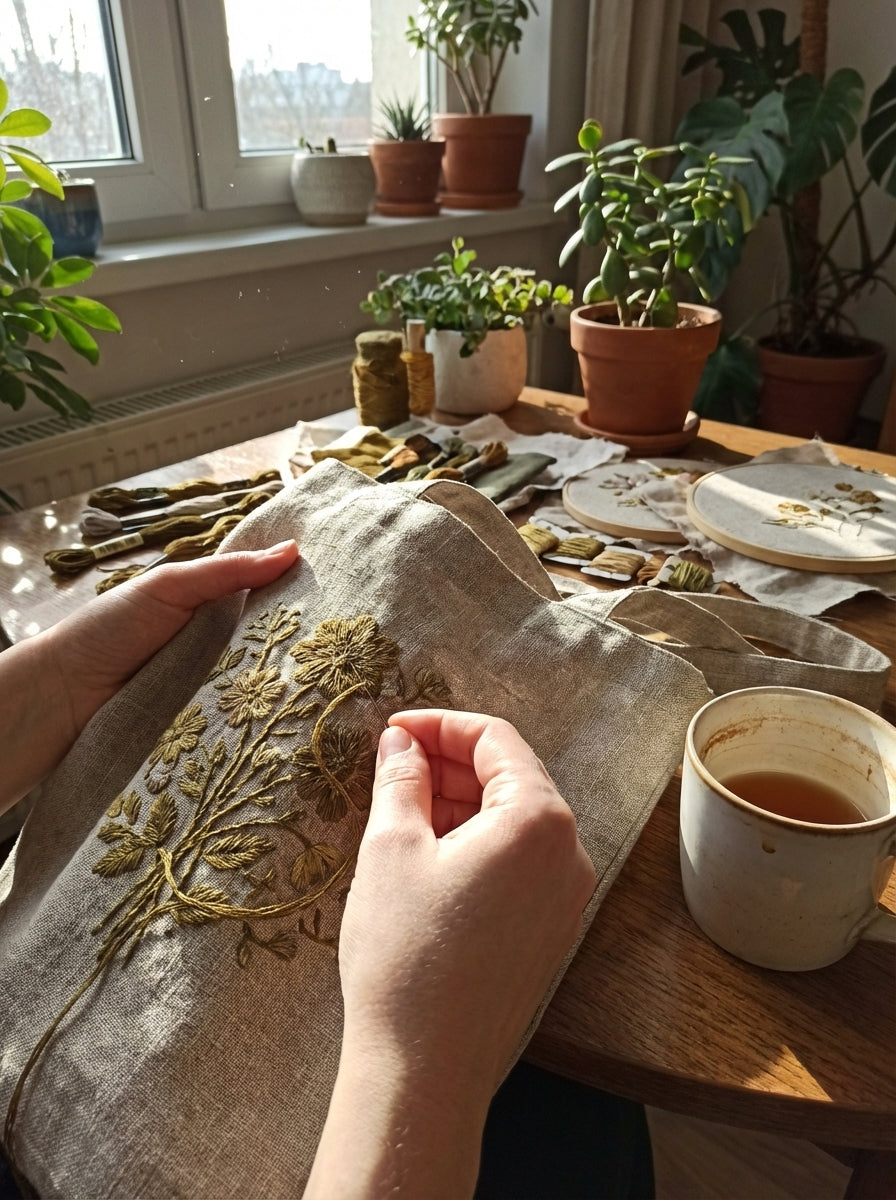 Hand stitching embroidery with dark golden olive cotton floss on a fabric, creating a detailed botanical design.