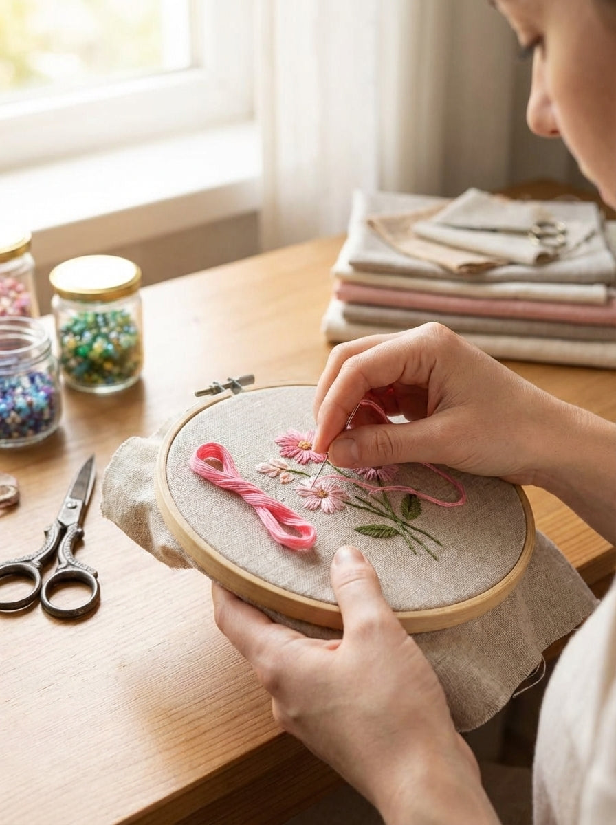 Close-up of geranium pink embroidery floss being used in a cross-stitch project; vibrant color detail.