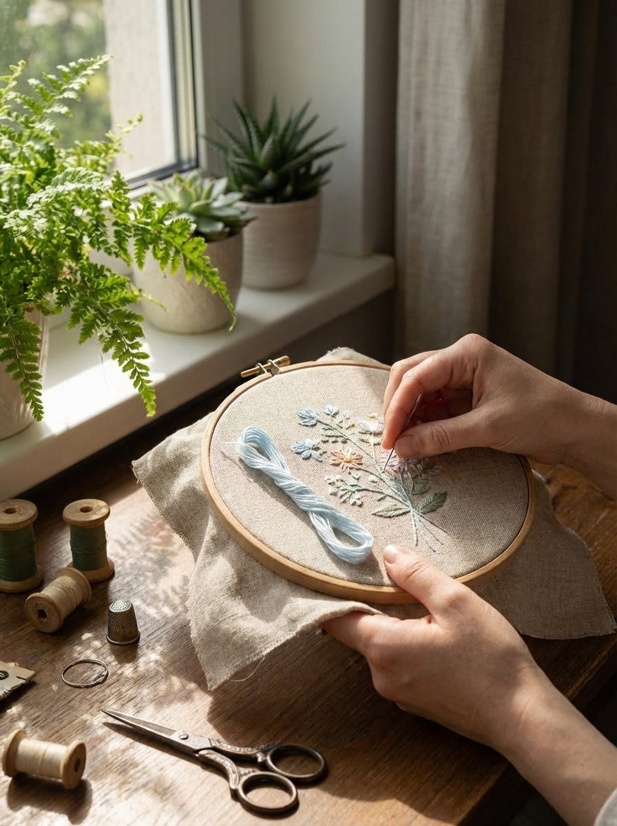Close-up of light antique blue embroidery floss being used for cross-stitch on a white fabric background.