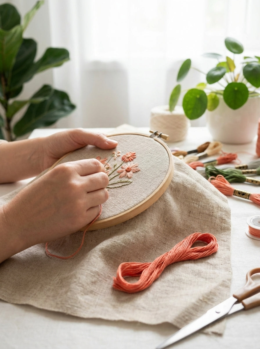 Using coral embroidery thread to stitch a delicate flower design onto fabric, creating a textured floral pattern.