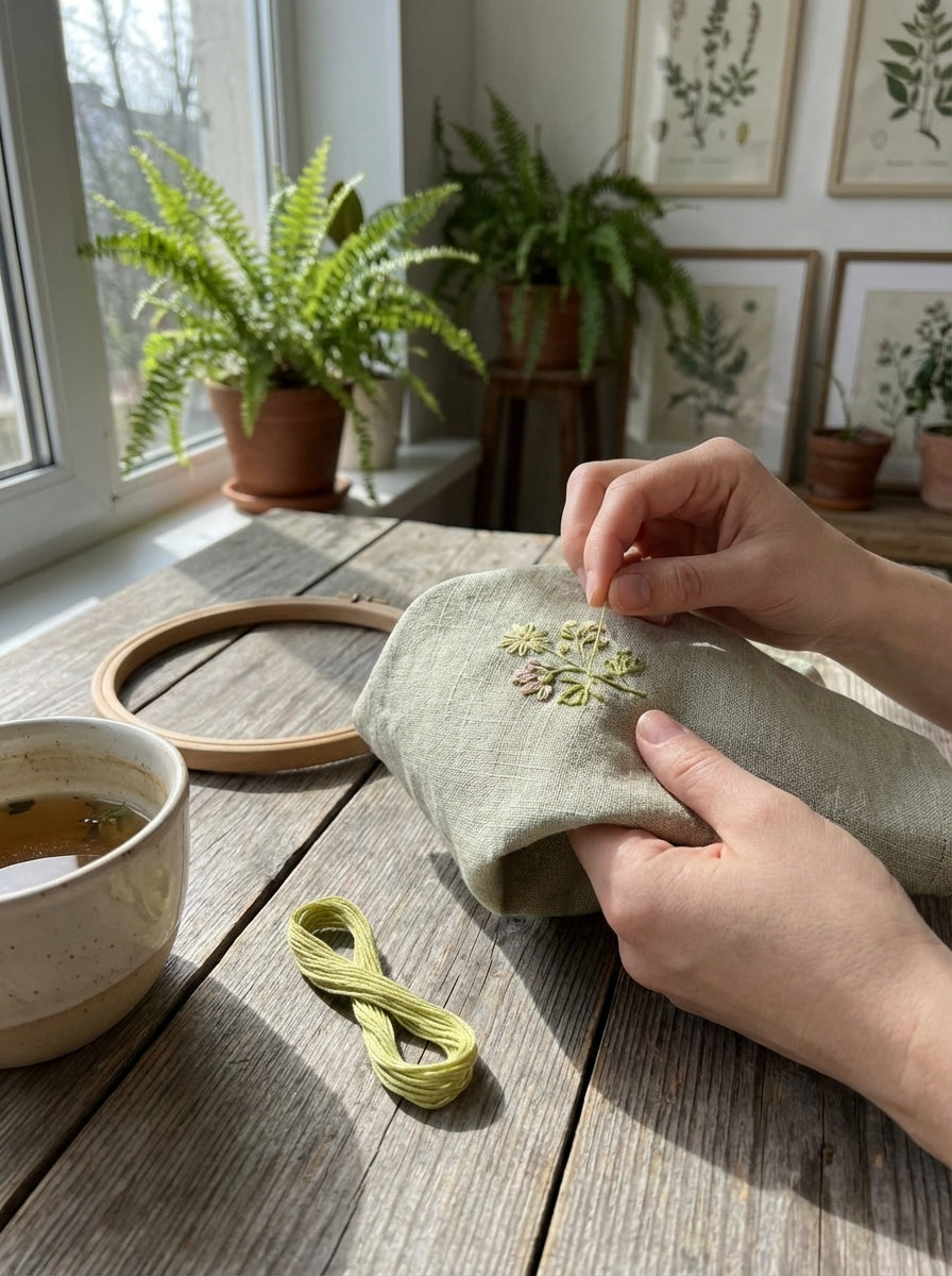 Close-up of hand embroidering a floral design using light avocado green cotton floss, showcasing fine detail and color application.