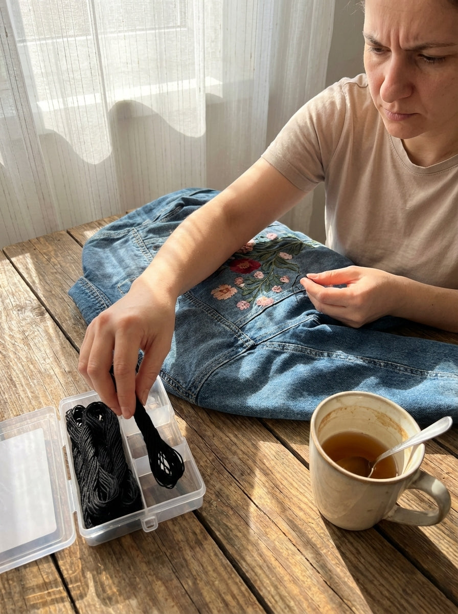 Close-up of hand embroidering a flower using black cotton floss on a fabric canvas. 