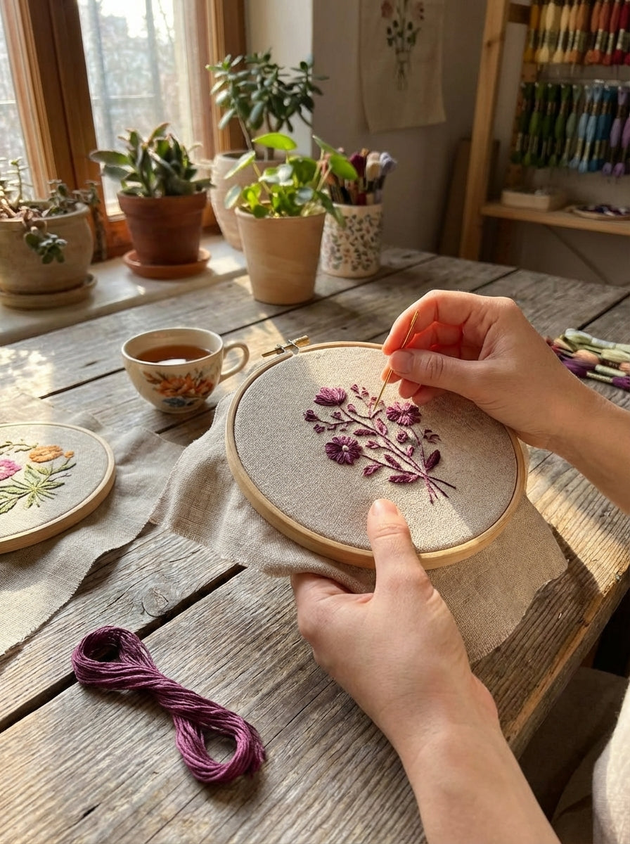 Close-up of a purple embroidered flower made with dark grape cotton embroidery floss, showcasing the thread's texture.