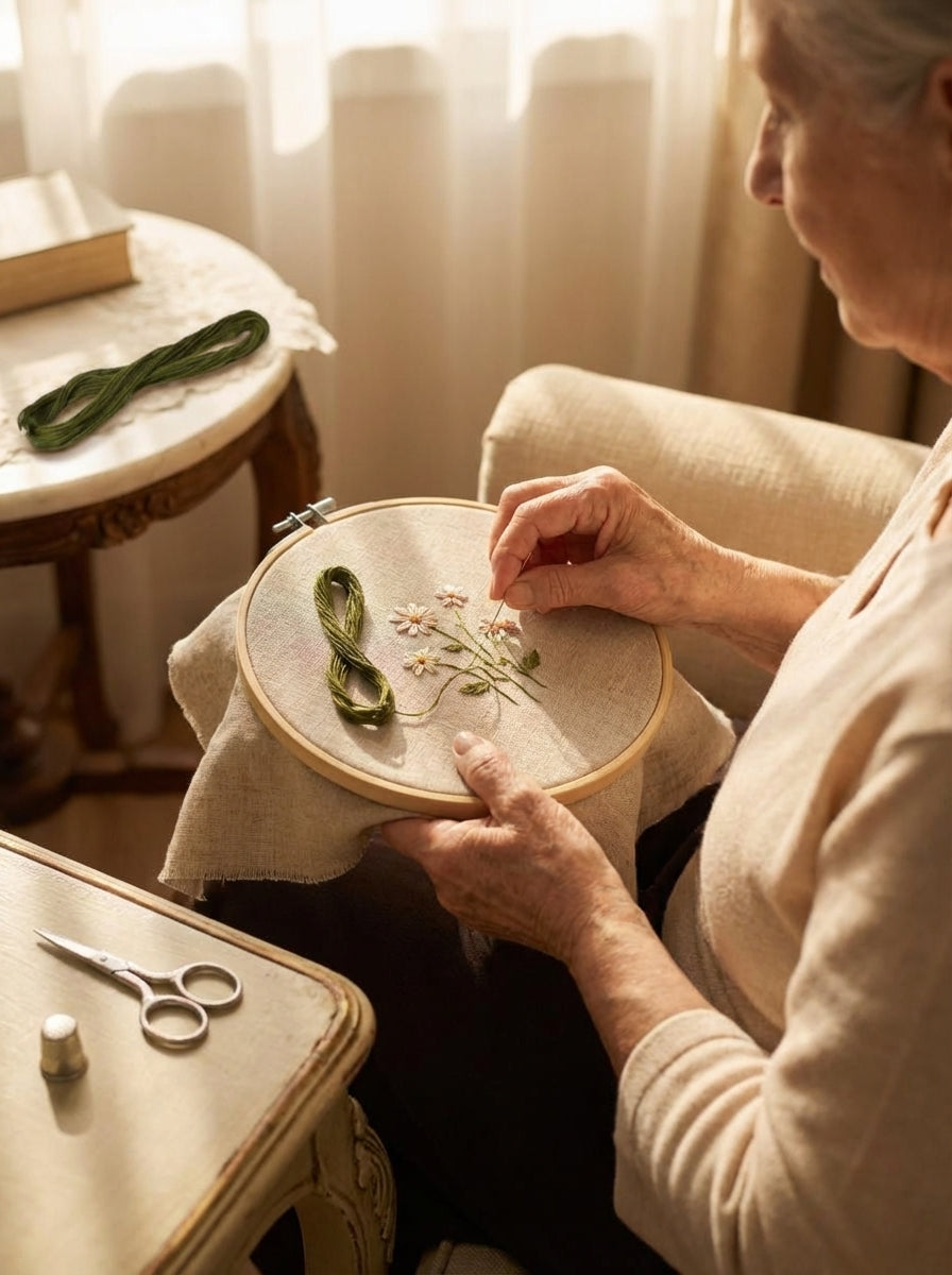 Close-up of avocado green cotton embroidery floss being used for detailed embroidery on a floral pattern fabric.