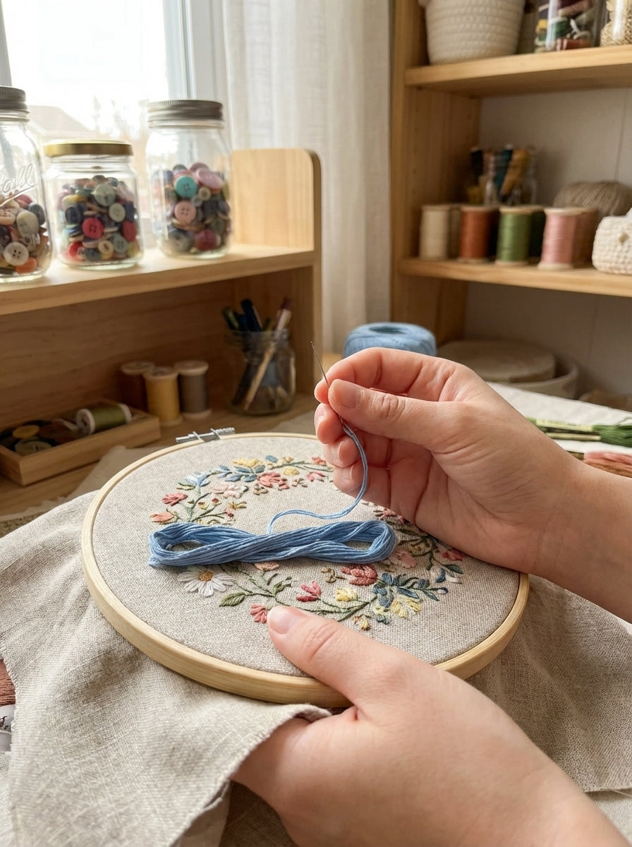 Close-up of baby blue cotton embroidery floss being used to create delicate stitches on fabric.