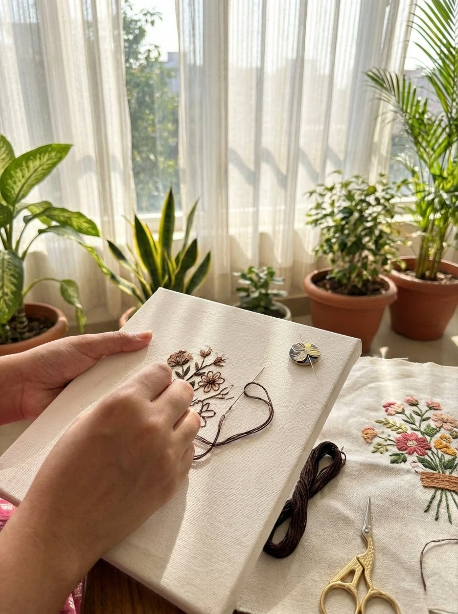 Close-up of dark coffee brown cotton floss being used for a cross-stitch project, adding depth and detail.
