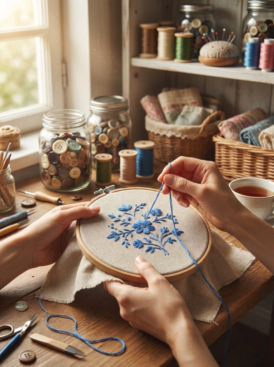 Close-up of cross-stitch project using Dark Delft Blue cotton embroidery floss, showcasing its detail.