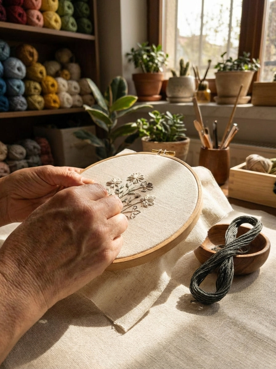 Close-up of a cross-stitch project using dark beaver gray cotton embroidery floss for delicate detailing.