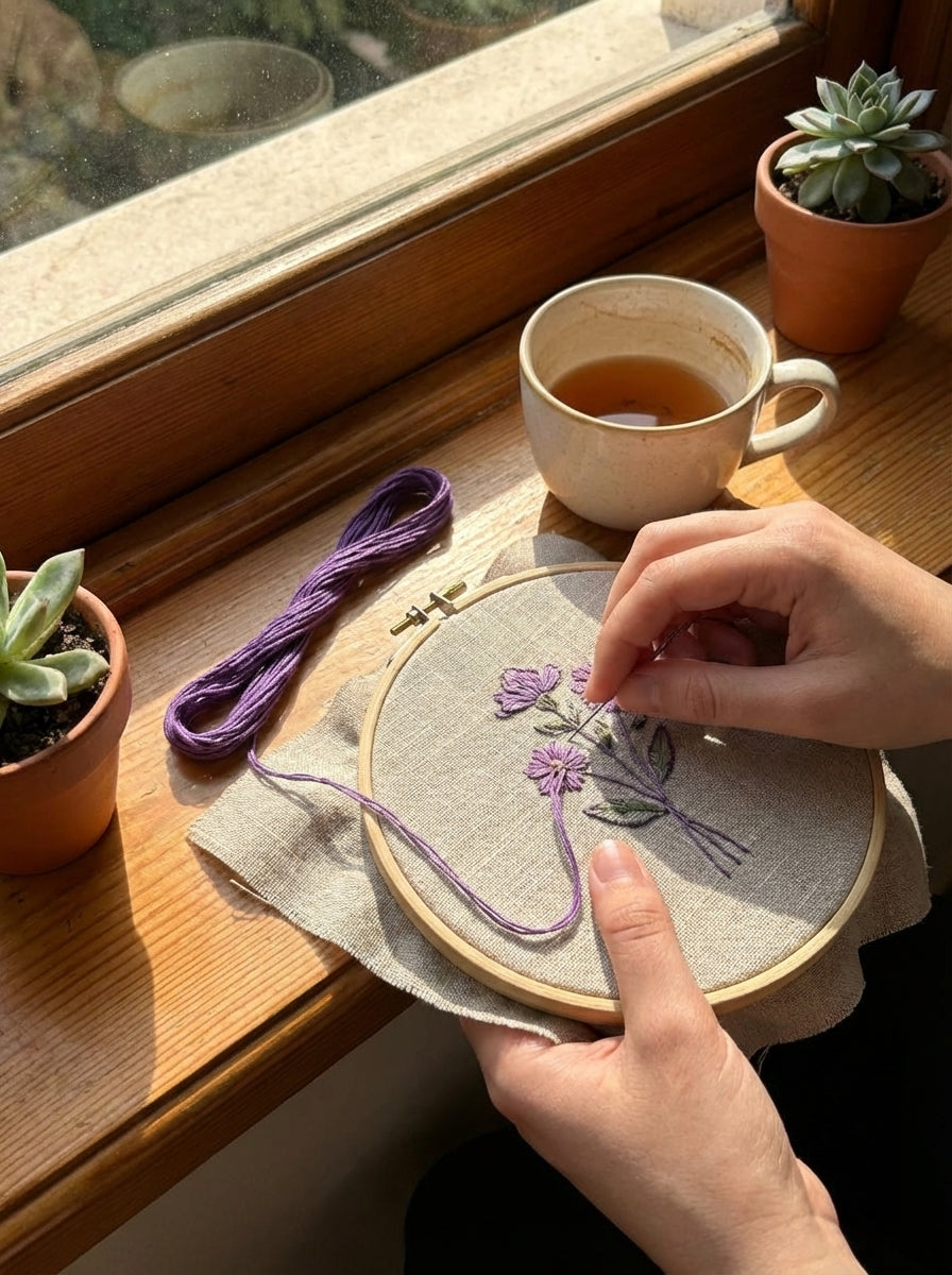 Close-up of dark lavender cotton embroidery floss being used for cross-stitch on white fabric.