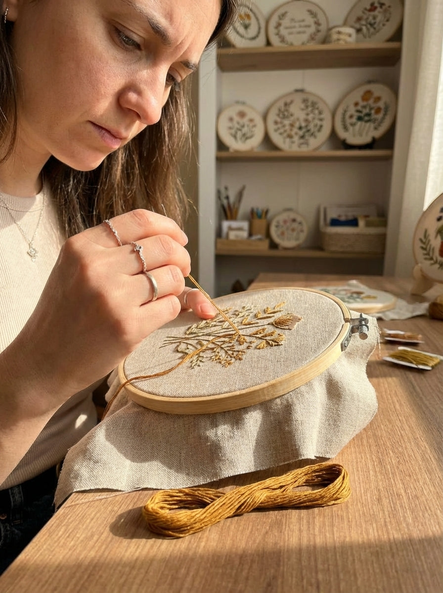 Close-up of golden brown cotton embroidery floss being used for detailed stitching on a fabric project.