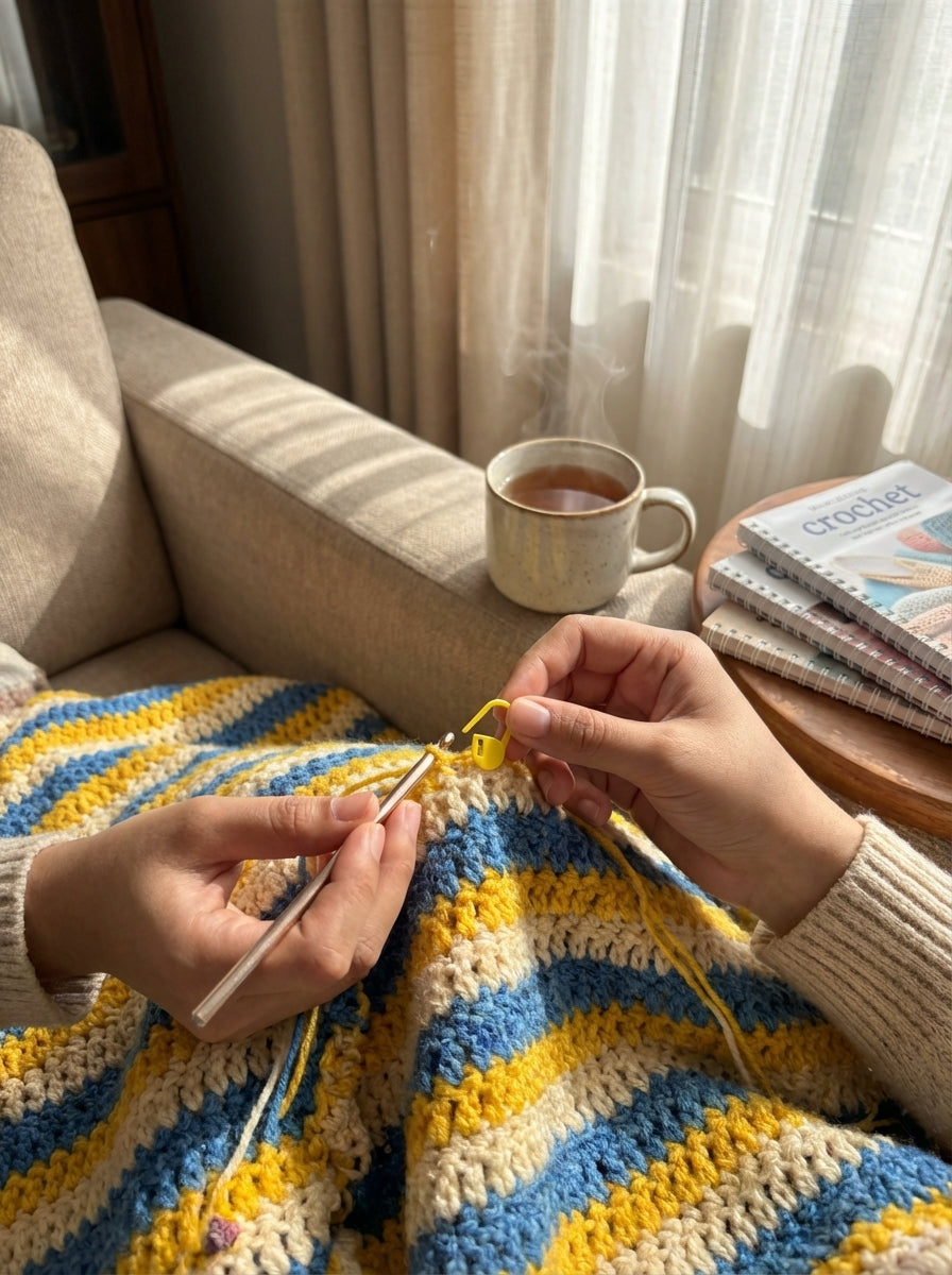Close-up of a yellow crochet stitch marker clipped onto a crochet project to mark a stitch.
